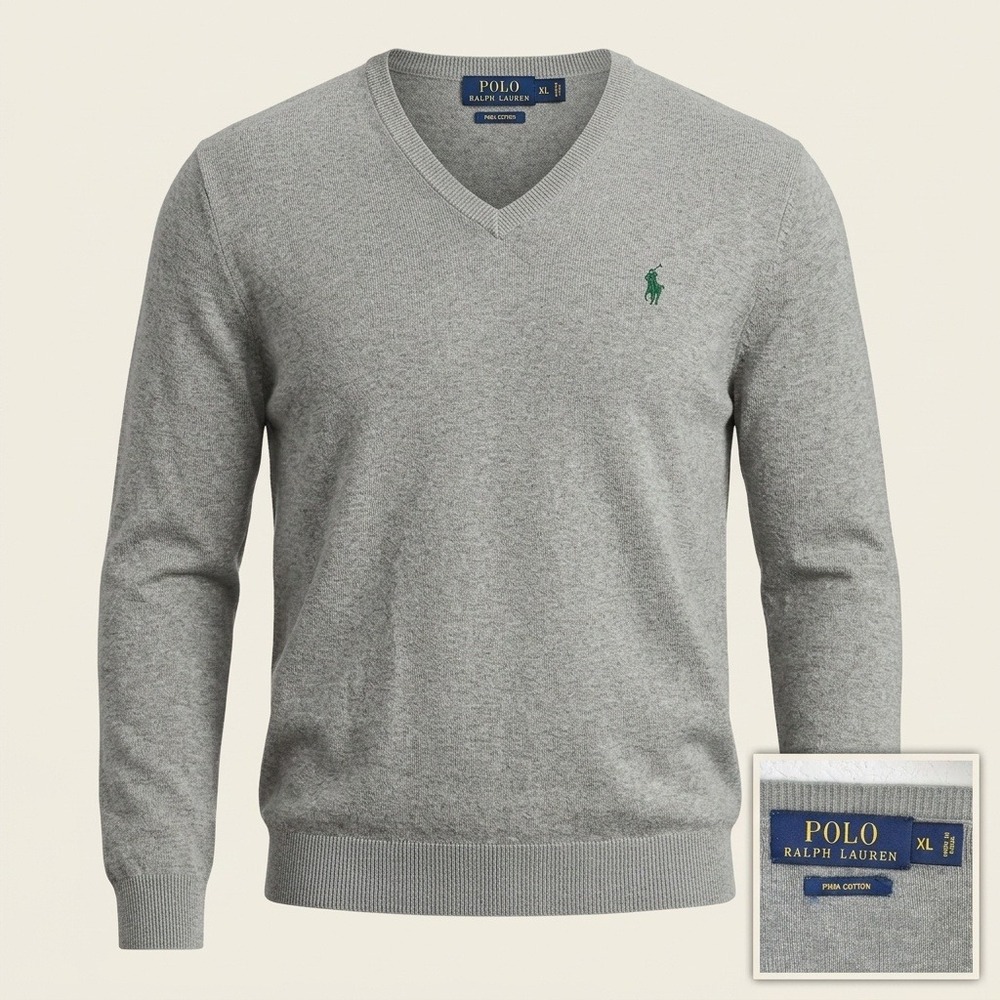 Polo Ralph Lauren Sweater Mens XL Heather Gray Pima Cotton V-Neck Pullover